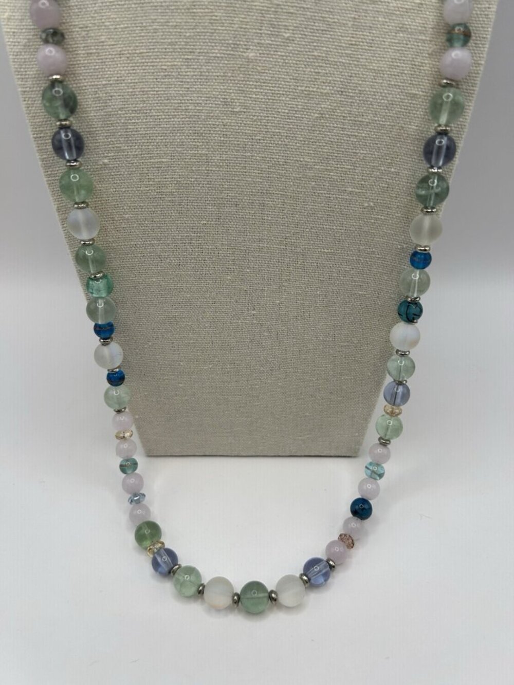 Vintage Glass Bead Necklace Pastel Green Blue Pink Long Silver Tone Cottagecore - Picture 5 of 9